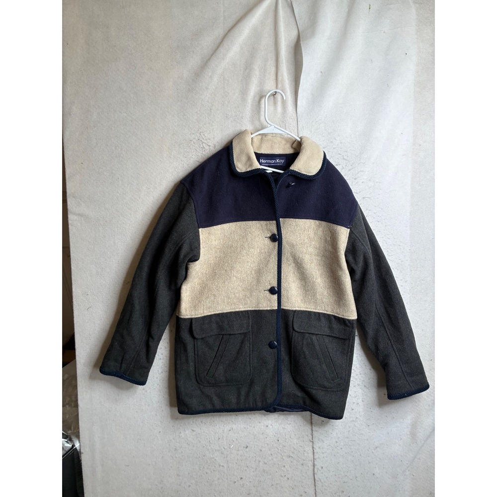 Herman Kay Wool Blend Colorblock Jacket Navy Cream Grey Vintage Size 6